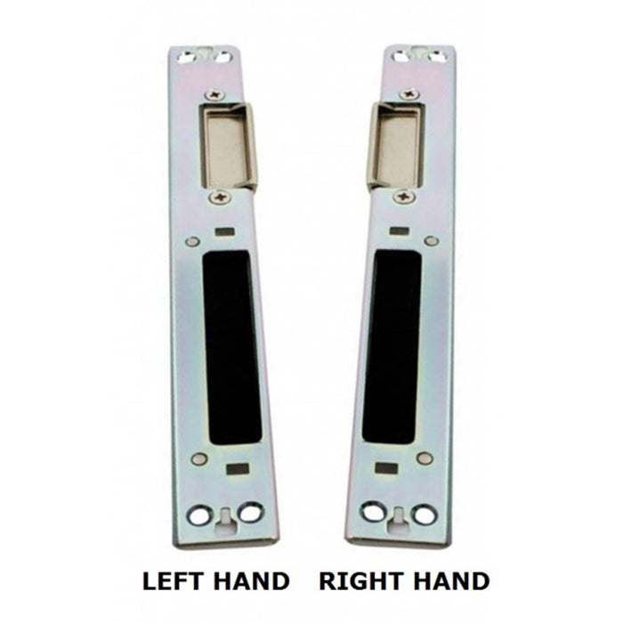 Two metal door keeps, one for the left hand and one for the right hand, with a silver finish and a rectangular backplate.