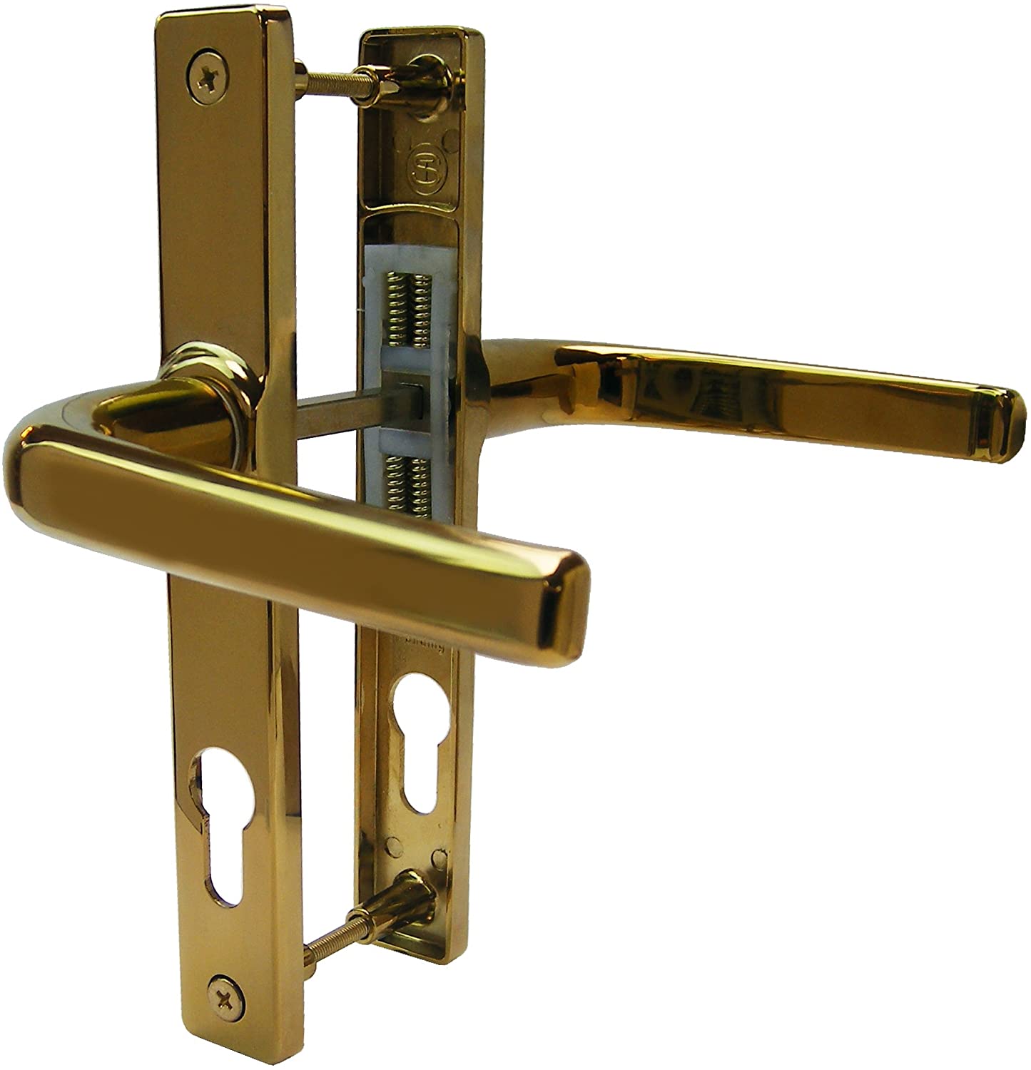 A gold-colored UPVC door handle set with a lever design on a clear background.