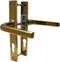 A gold-colored UPVC door handle set with a lever design on a clear background.