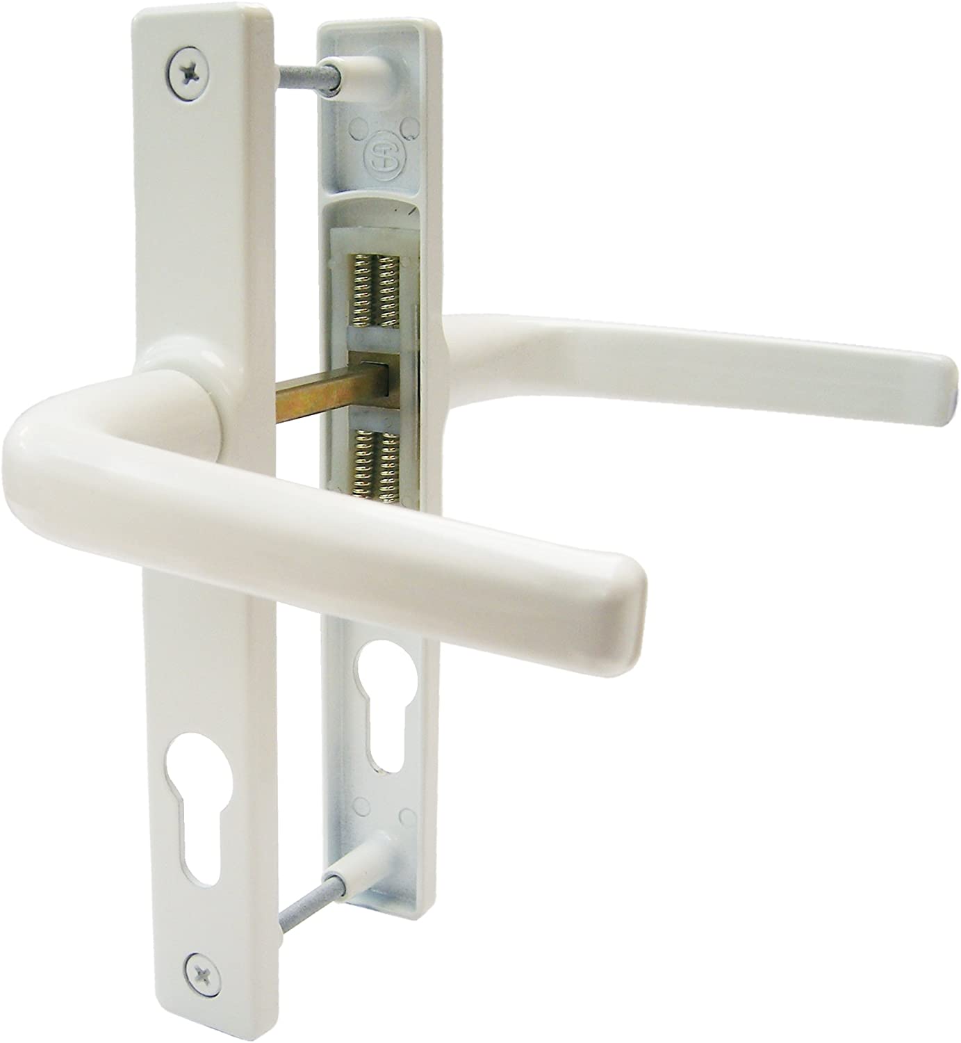 A white UPVC door handle set with a spindle and screws, featuring a lever design and suitable for uPVC and aluminium doors.
