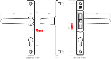 Technical drawing of a door handle set showing external, side, and internal views