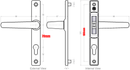 Technical drawing of a door handle set showing external, side, and internal views