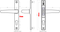 Technical drawing of a door handle set showing external, side, and internal views