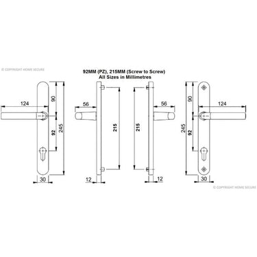 Diagram of white uPVC door handles, lever to lever, with detailed measurements in millimeters.