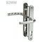 Silver UPVC door handle set with lever handles and internal locking mechanism, shown partially disassembled, labeled "92MM".