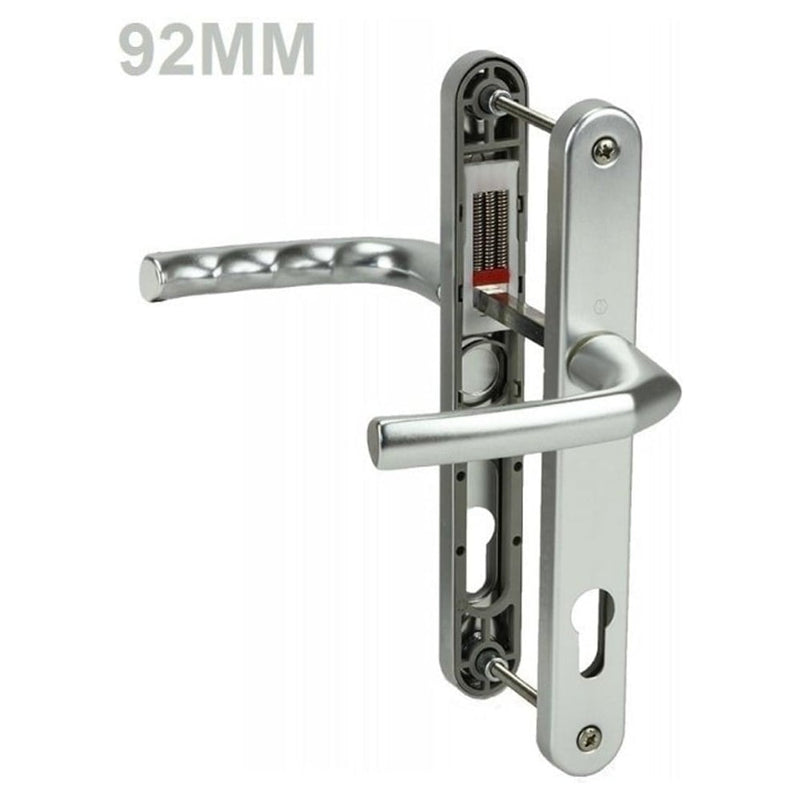 Silver UPVC door handle set with lever handles and internal locking mechanism, shown partially disassembled, labeled "92MM".