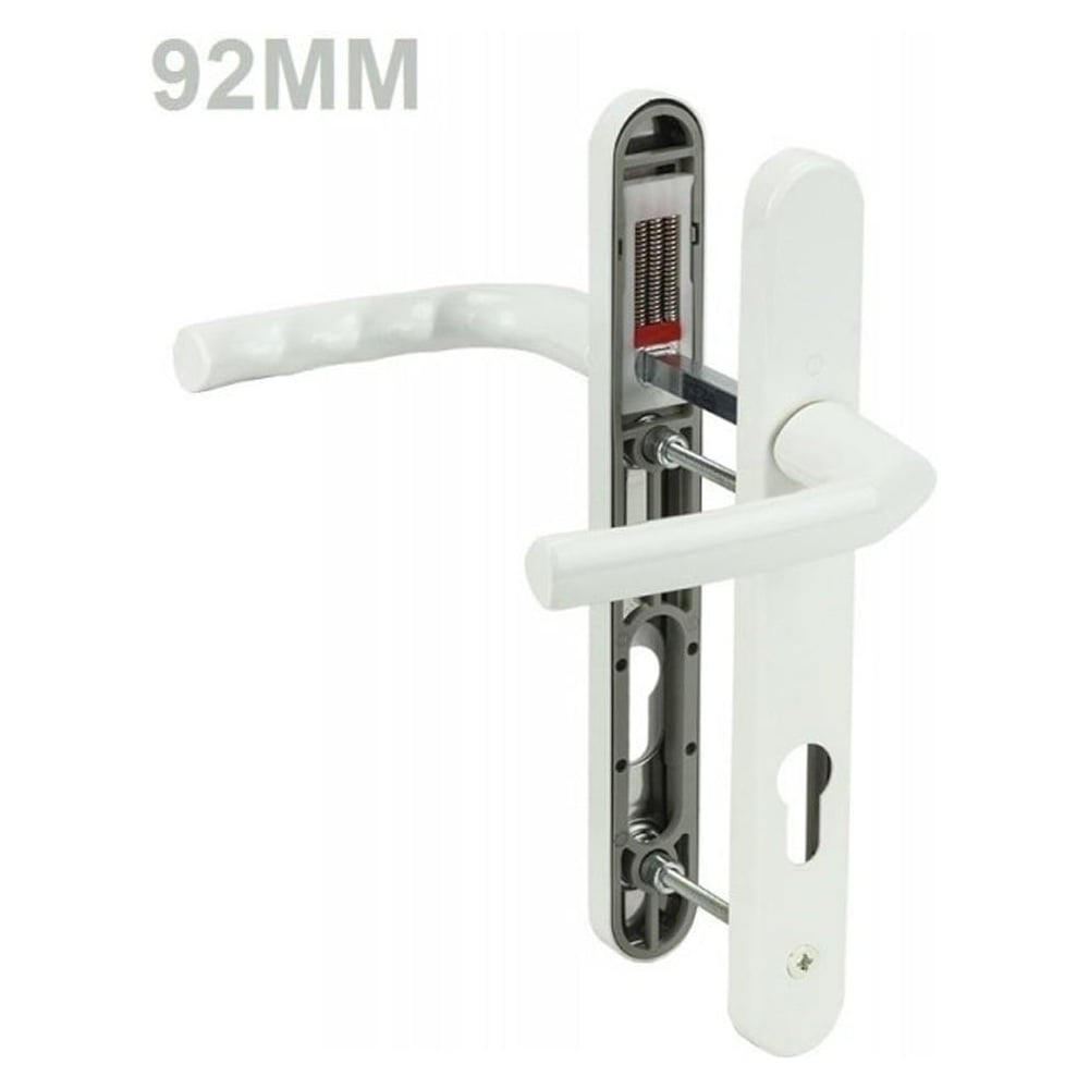 White UPVC door handle set with lever handles and internal locking mechanism, shown partially disassembled, labeled "92MM".