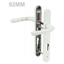 White UPVC door handle set with lever handles and internal locking mechanism, shown partially disassembled, labeled "92MM".