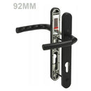 A black UPVC door handle set with a lever design, showing the front and side views with measurements.
