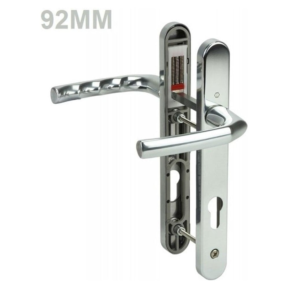 Chrome UPVC door handle set with lever handles on both sides, featuring a spring mechanism and keyhole cutouts.