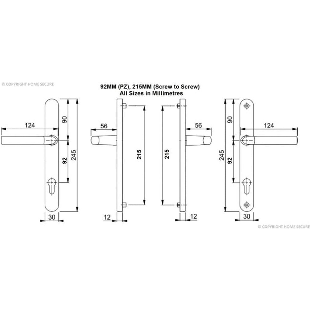 Technical drawing of UPVC door handles with 92mm PZ and 215mm screw-to-screw size, displaying front and side views with detailed dimensions in millimeters for handle, backplate, and keyhole placement.