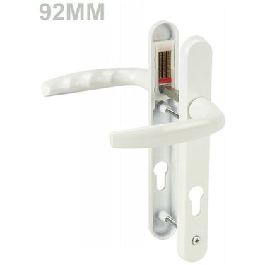 A white UPVC door handle with a lever mechanism, including an internal and external handle, shown against a plain background.
