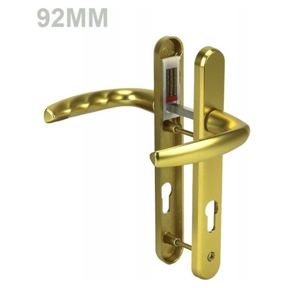 A gold-colored UPVC door handle set with a lever design, showing both internal and external handles, with measurement markings.