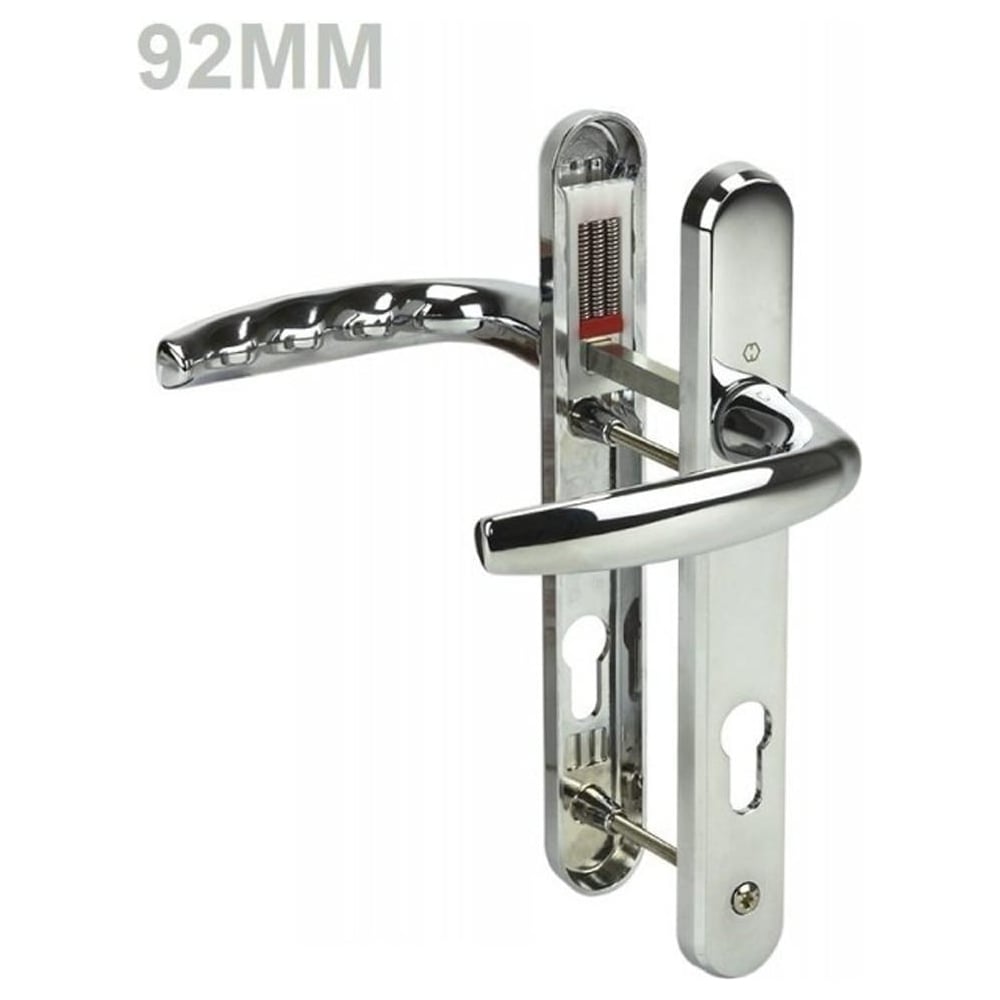 A chrome UPVC door handle with a lever mechanism, showing a detailed view of the handle and lock mechanism against a white background.