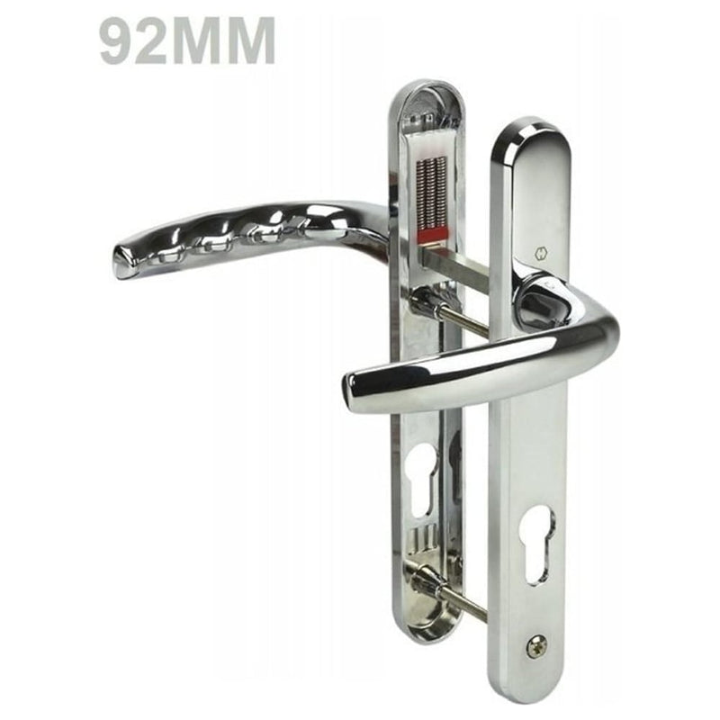 A chrome UPVC door handle with a lever mechanism, showing a detailed view of the handle and lock mechanism against a white background.