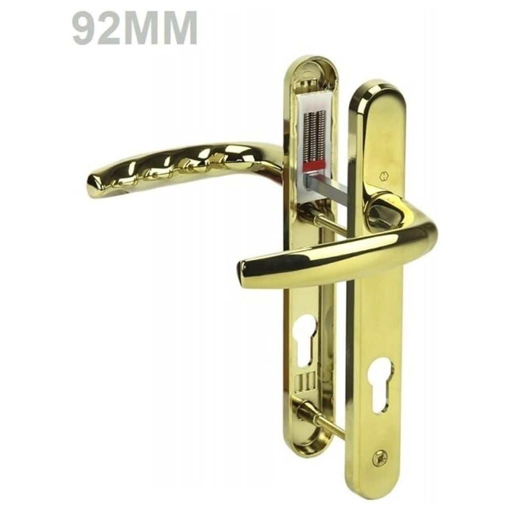 A gold-colored UPVC door handle with a lever design, showing both the internal and external handles with a keyhole.