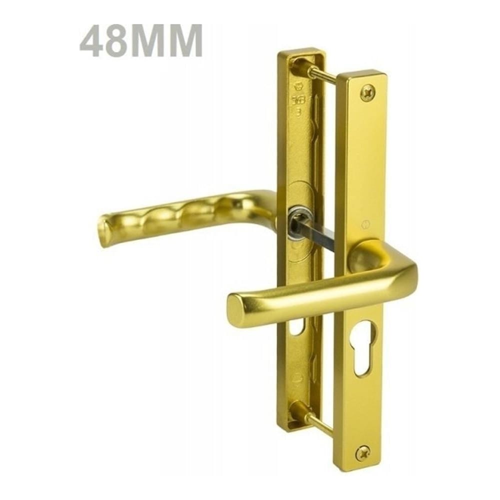 A gold-colored UPVC door handle with a lever lever mechanism, showing the internal and external handles along with a spindle and screws.