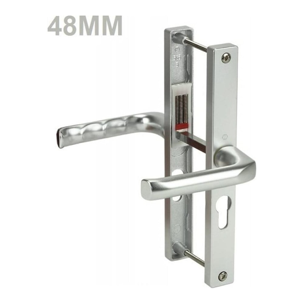 Silver UPVC door handles with 48mm screw-to-screw size, featuring textured lever handles and keyholes on both backplates.