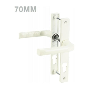 Image of a white door handle set with a 70mm spindle length indicated in large grey text at the top left. The handle has a curved lever design and a rectangular backplate with a euro-profile keyhole cutout. The internal spindle and fixing bolts are visible, showing how the two sides of the handle connect through the door.