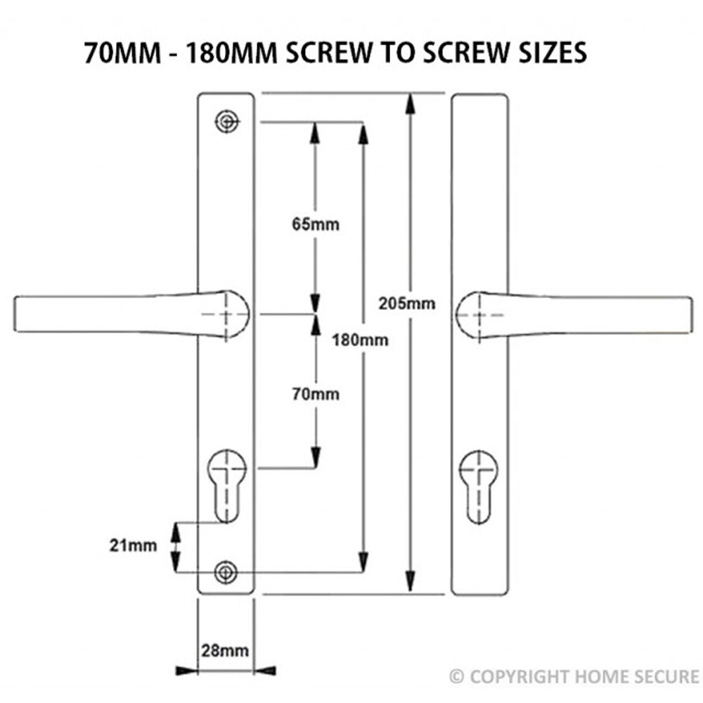 Technical diagram of a uPVC door handle backplate set showing detailed measurements.