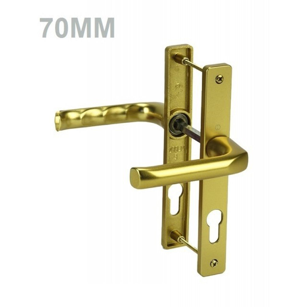 A set of gold UPVC door handles with levers, showing both internal and external handles, with a measurement label of '70mm' visible.