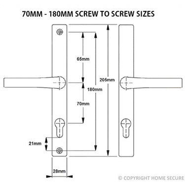 Technical diagram of a uPVC door handle backplate set showing various measurements.