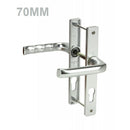 A set of silver UPVC door handles with levers, showing both internal and external handles, with a measurement label of '70mm' visible.