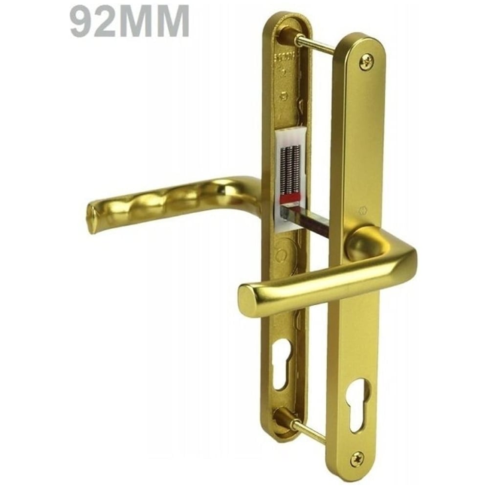 Gold UPVC door handles Lever with 92mm backset, featuring straight lever handles and keyholes on both backplates.