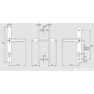 Technical drawing of UPVC door handles Lever Lever D74, showing dimensions in millimeters including handle length, backplate size, screw positions, and 92mm keyhole distance.