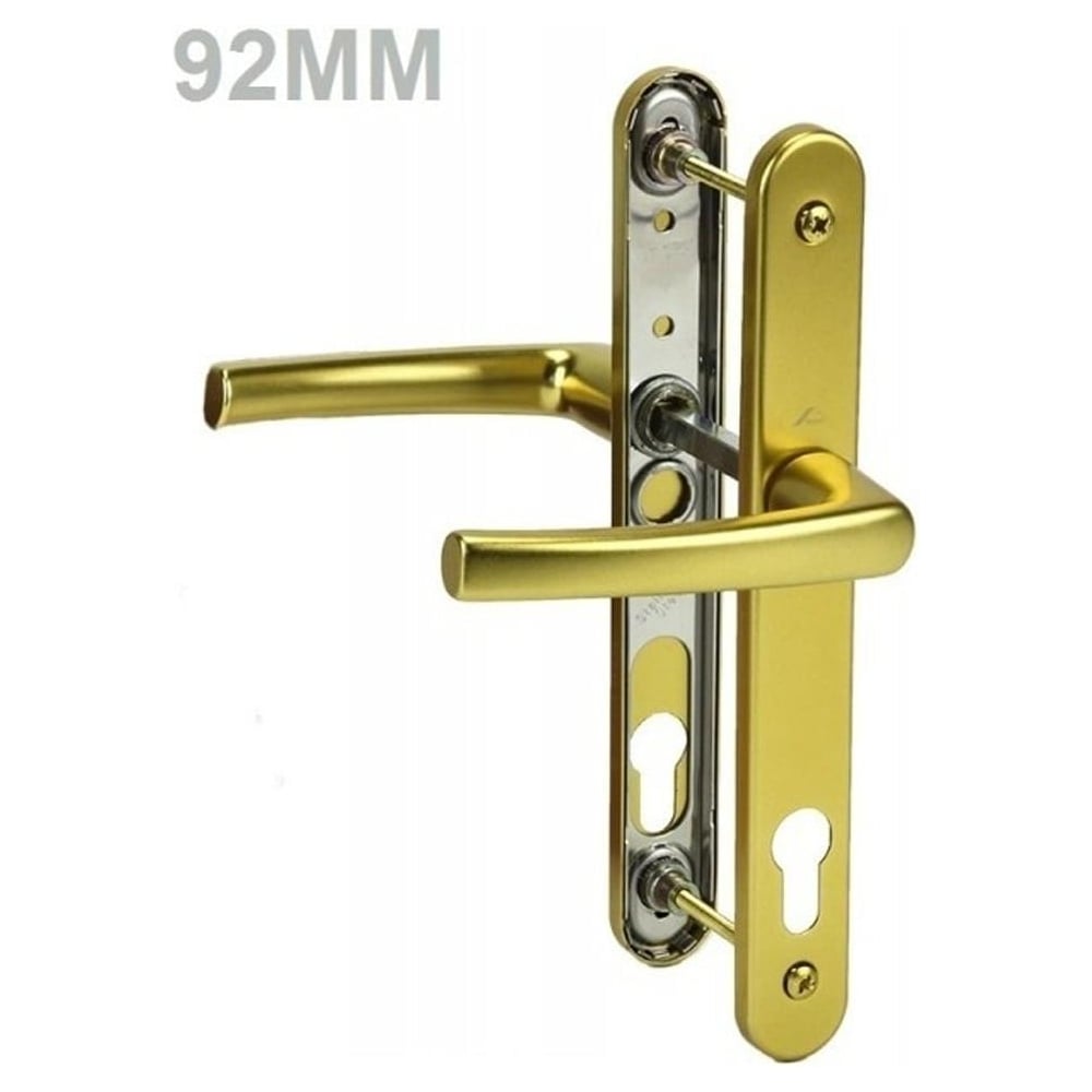 A set of gold-colored UPVC door handles with levers on a clear background, showing the detailed structure and the 92mm dimension.