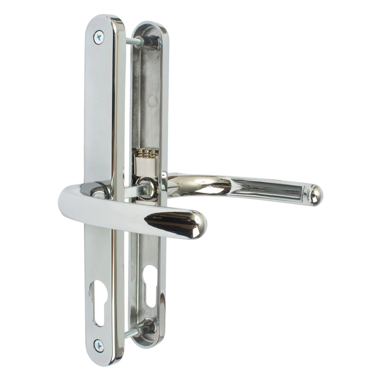 A set of polished chrome upvc door handles with lever design, including the spindle and screw pack.