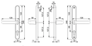 Technical drawing of a door handle set with detailed dimensions.