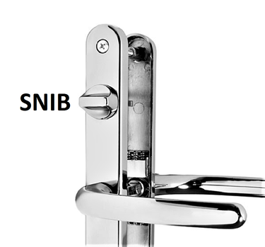 Close-up image of a chrome door handle set with a visible internal locking mechanism. The focus is on a small thumb-turn lock, labeled "SNIB", located above the handle on the backplate.