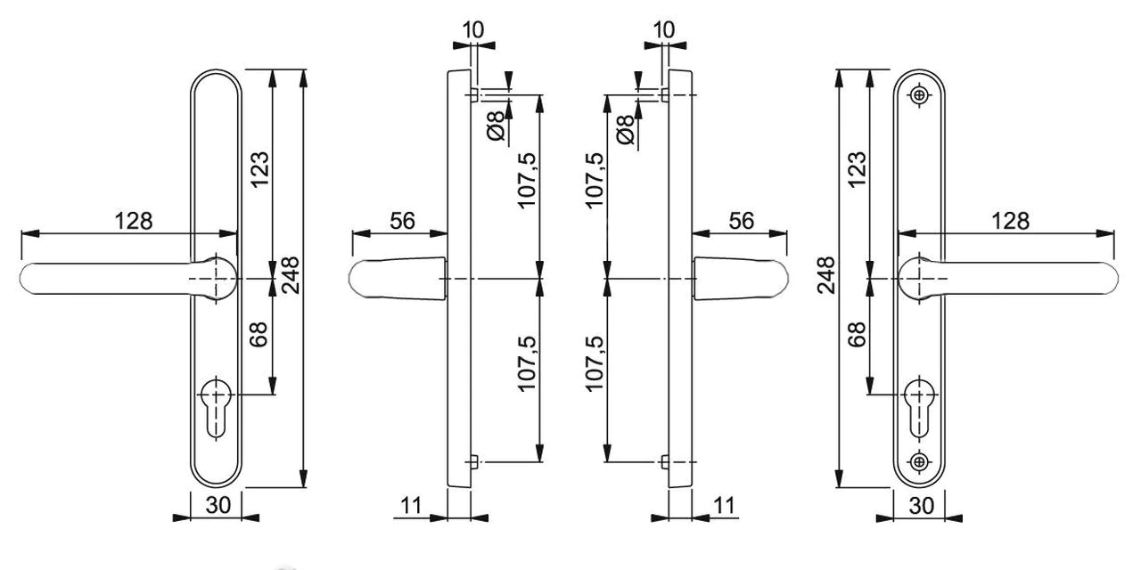 Technical drawing of a uPVC door handle set with detailed dimensions.