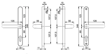 Technical drawing of a door handle set with detailed dimensions.
