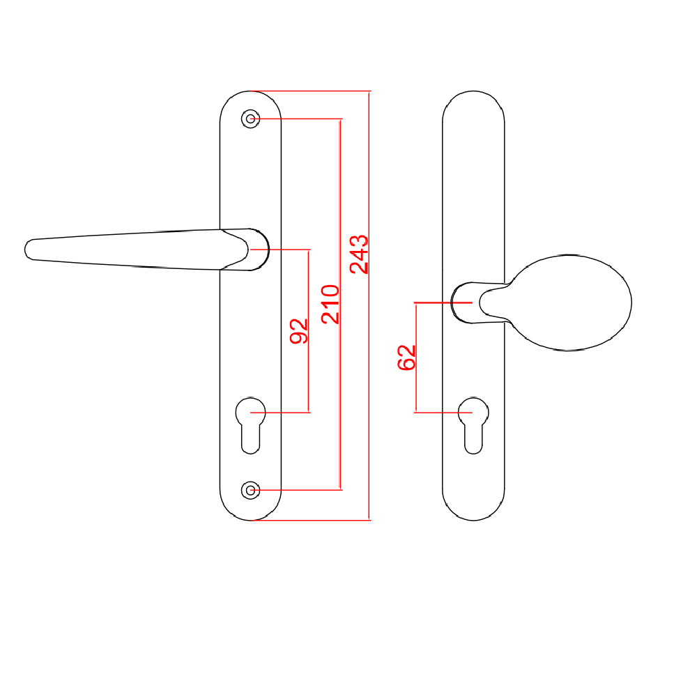 Technical drawing of a door handle set with dimensions. The left side shows a lever handle with a backplate measuring 243mm in height, 92mm from the top screw to the keyhole center, and 210mm from the top screw to the bottom of the backplate. The right side shows an oval knob handle with a keyhole and a 62mm distance between the knob and the keyhole