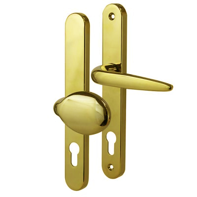 Gold-finished door handle set featuring a lever handle and an oval knob on elongated backplates, each with a euro-profile keyhole. Suitable for front or back doors with a polished, decorative appearance.