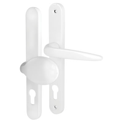 White door handle set featuring a lever handle on one side and an oval knob on the other side, both mounted on rectangular backplates with keyhole cutouts. The design is simple and modern for uPVC handle door