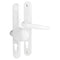 White door handle set featuring a lever handle on one side and an oval knob on the other side, both mounted on rectangular backplates with keyhole cutouts. The design is simple and modern for uPVC handle door