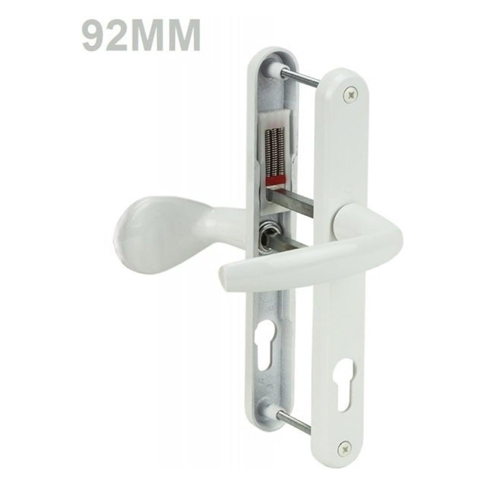 A white UPVC door handle with a lever pad, showing the screw holes and the lever's connection to the spindle.