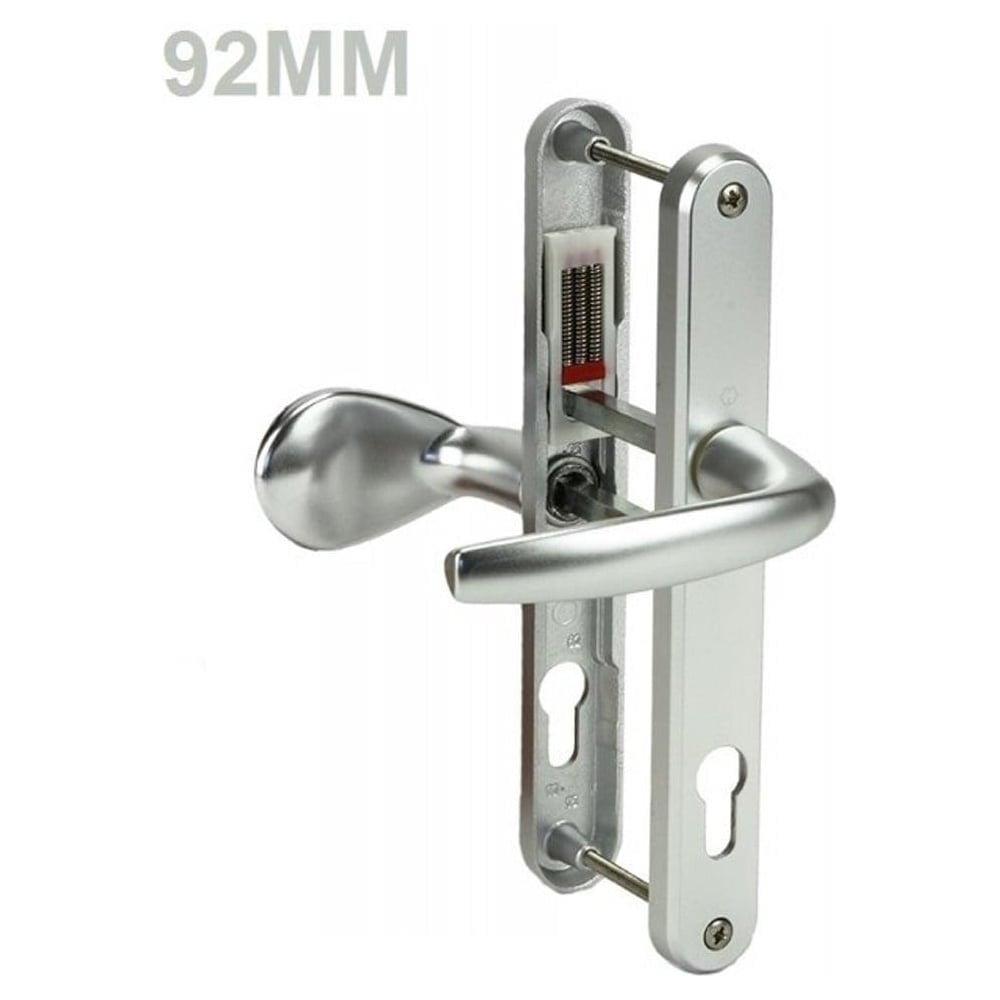 A silver UPVC door handle with lever pad, showing the screw fixing points and lever position.