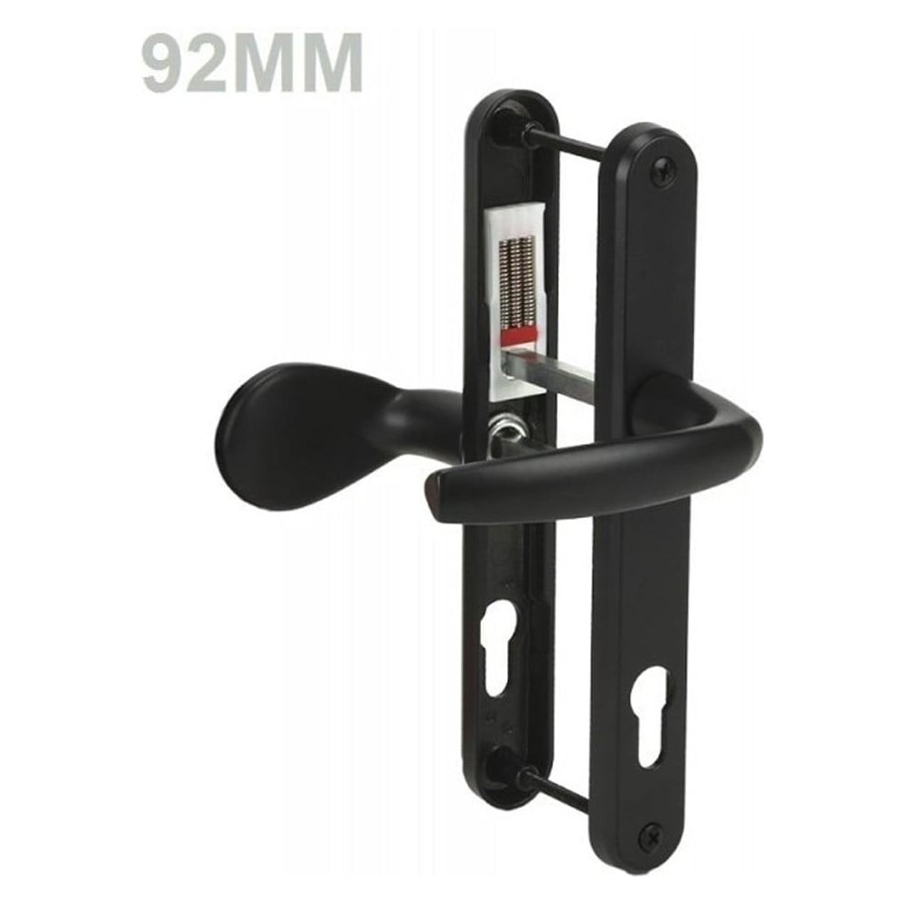 Black UPVC door handle with lever pad, showing both internal and external handles, with a measurement label of '92MM'.