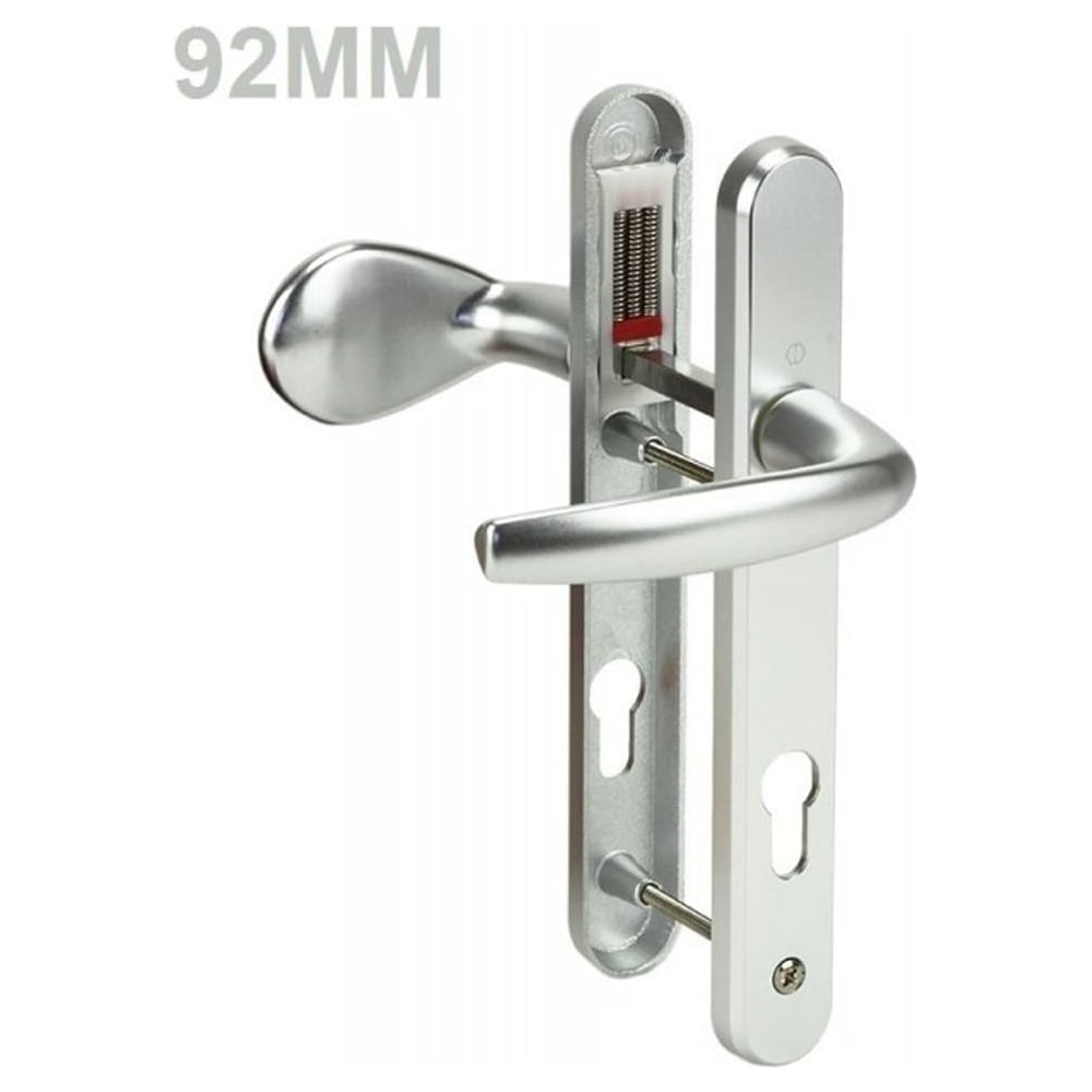 A silver UPVC door handle with lever pad, showing both the internal and external handles against a white background.