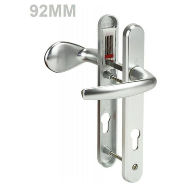 A silver UPVC door handle with lever pad, showing both the internal and external handles against a white background.