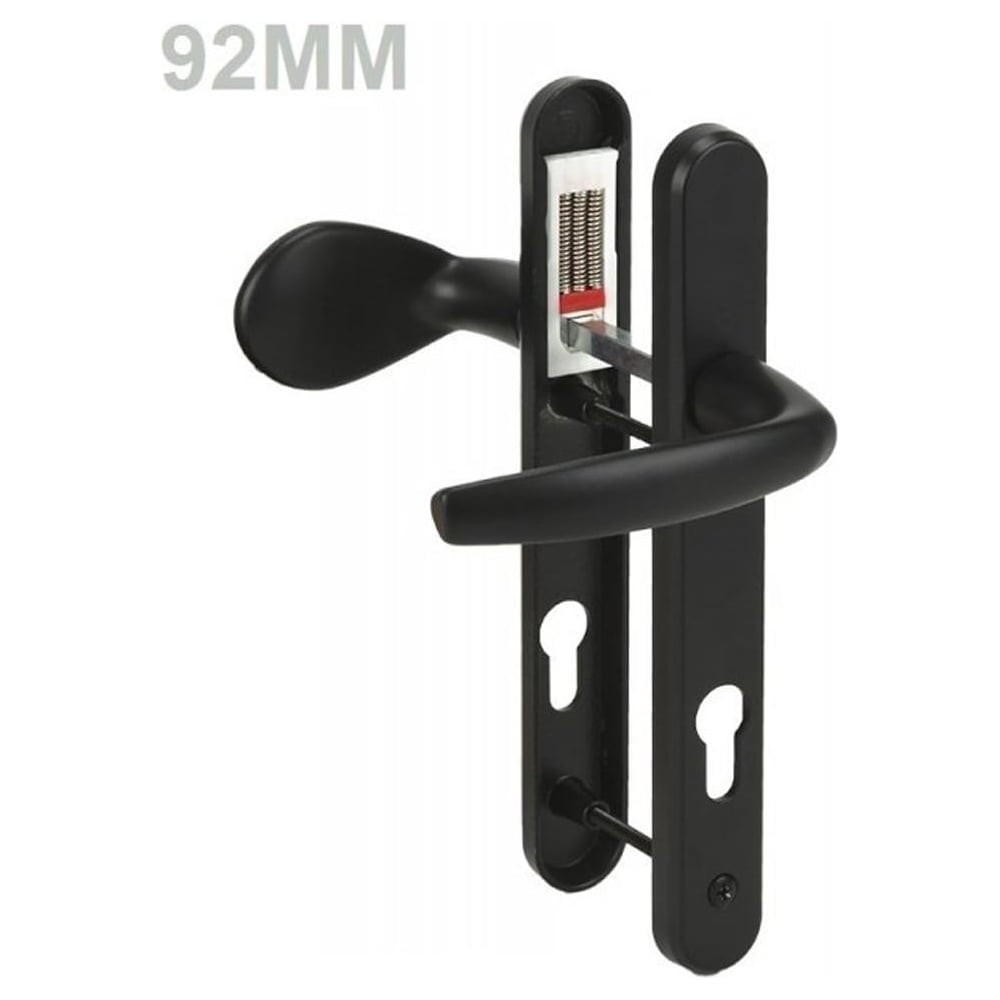 Black UPVC door handle lever pad, featuring curved lever handles and keyholes on both plates.