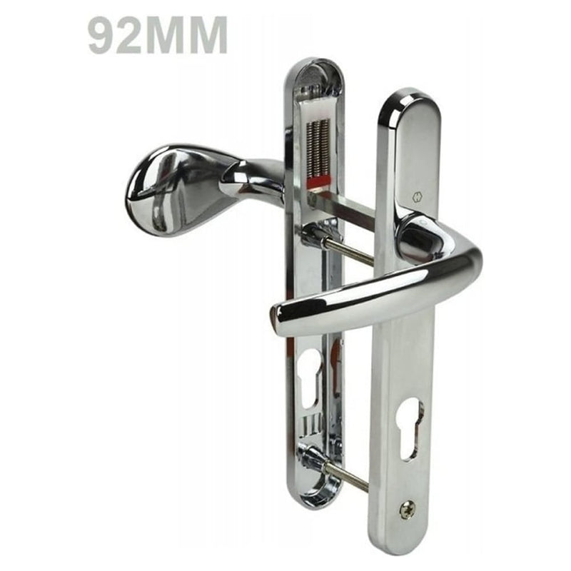 A silver-colored UPVC door handle with a lever pad, showing dimensions and a shiny metallic finish.