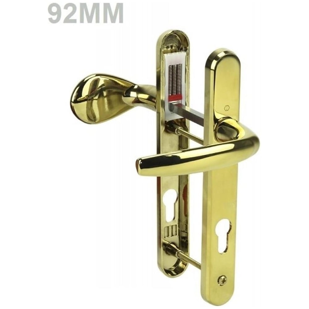 Gold UPVC door handle lever pad with 92mm backset, featuring curved lever handles and keyholes on both plates.