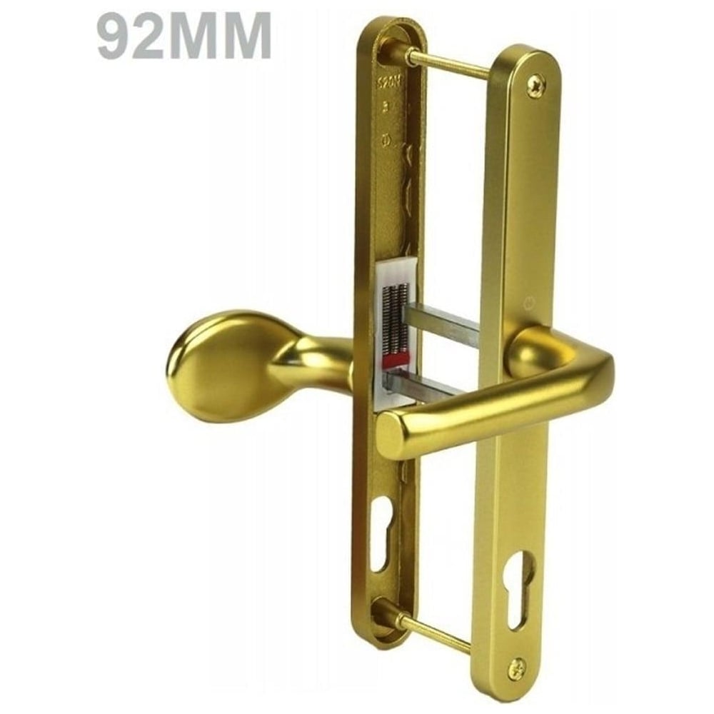 A gold-colored UPVC door handle with lever pad, showing dimensions and installation details.