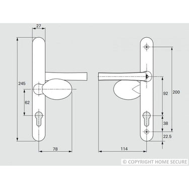 UPVC door handle lever pad model D76 with keyhole, shown with detailed dimensions for installation and use.