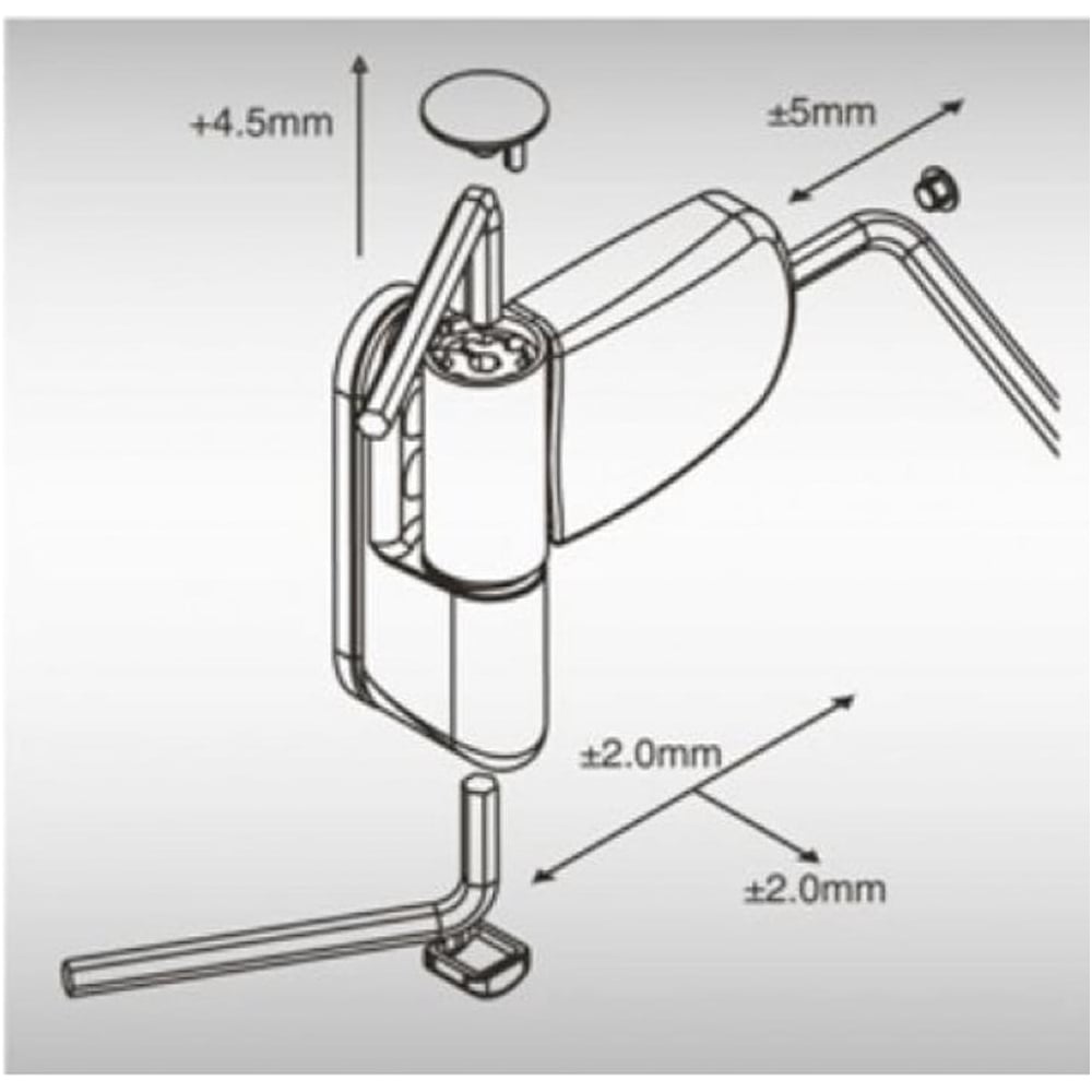 Technical diagram of a UPVC Mini 3D Door Flag Hinge showing adjustable measurements with Allen keys for fine-tuning vertical, horizontal, and depth positioning.